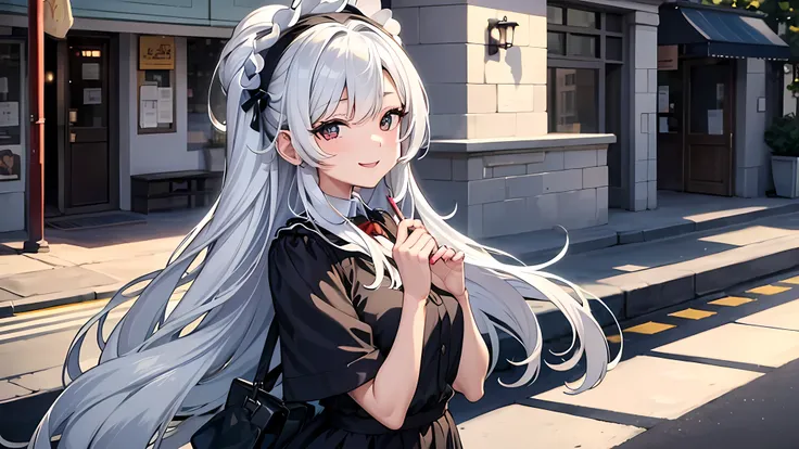 Real. Long silky silver hair in soft curls. Dressed in a simple white collared shirt; mature and beautiful woman in her 20s. She is holding a smartphone in one hand. She is walking calmly on a bright and lively street. A bright, innocent smile. Her best sm...