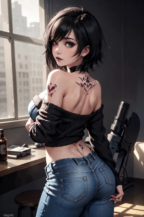 Girl, woman, emo_hairstyle, black lipstick, dog collar, eyeliner, eye shadow, smoky eyes, realistic lighting, short hair, big breast, midriff sweater, standing up, off shoulder, strapless, shiny skin, arched back, tight jean pants, thick thighs, big butt, ...