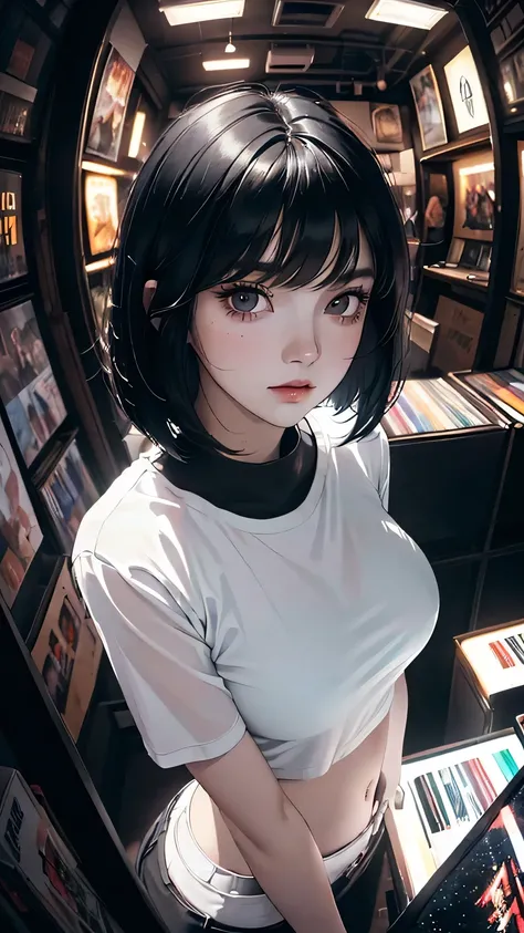 ((8k wallpaper extremely detailed CG unit, masterpiece, High resolution, top quality)), (A very detailed beautiful woman, Perfect face,Black Hair, bob cut,Bangs, Gray eyes, Top of crop, Short sleeve, crop top, Huge breasts), ((The face is rich in detail, H...