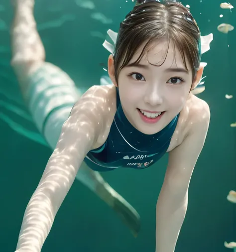 Highest quality、、Ultra-high resolution、Clear photos、Professional Lighting、(Very cute girl、beautiful girl、The cutest Yoda Yuki)、Baby Face、Small face、(Very short hair:1.6)、Smile、Tight waist、((Swimming underwater:1.8))、diving underwater:1.8、Breaststroke:1.6、(...