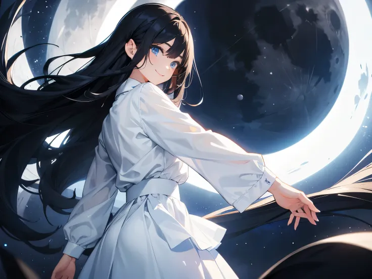 One woman（Black Hair、Long Hair、blue eyes、Big eyes、white blouse shirt、White Skirt）、A woman is gazing at the full moon、Composition from behind、Praying、smile、Smile