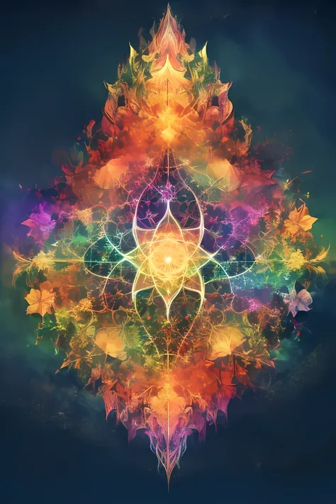 Mystical fractal art of lotus flower. No human. A fusion of kaleidoscope and stained glass. Sanskrit and esoteric elements. Psychedelic colors. Asymmetrical