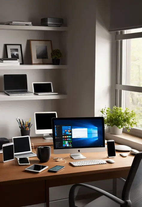 A scene where electronic devices (smartphones, Computers, tablets) fade or disappear from an office or home.