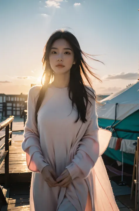 raw photo, one picture in a roll, she looks to camera, takes your hand, embracing you, ASMR tingles, she is loving and calming, bringing you into the warmth of the yurt, into the sunset light, sun set orange, pink, violet, aqua, paynes grey, cumulus, soft ...