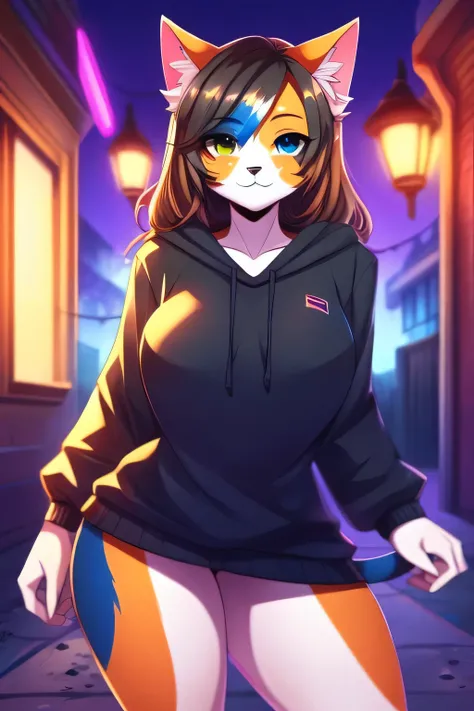 attractive and detailed portrait of a woman (((female))) anthro cat boy, Zemetic lighting, seducer, BL, cat boy, Thick-thighs, big breasts, whole body, attractive, dirty hair, Brown hair, White of the eye, Thick, standing alone, standing, long hair, 2 hair...