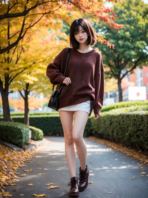 Highest quality, masterpiece, Attention to detail, Intricate details, Mysterious Autumn Woman, Red lightweight sweater、Chestnut-colored hair、Beautiful hair、Model-like style、Model-like pose、jewelry、Full Body Shot、Lots of autumn foliage、Colorful maple leaves...