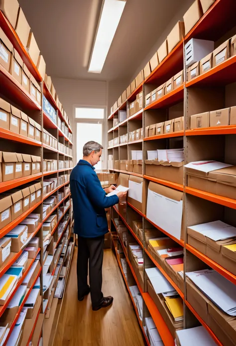 People in a post office writing and sending letters, with shelves full of envelopes and packages.