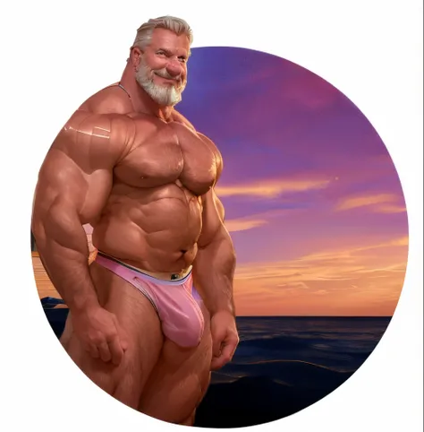 (handsome mature man), (50 yo), white man, wearing pink speedo, nice bulge, (beefy:1.3), beard, looking at viewer, beautiful man, detailed eyes, symmetric face, smirk, robust, greying hair, full body, nice bulge, big bulging crotch, wet dripping crotch, 80...