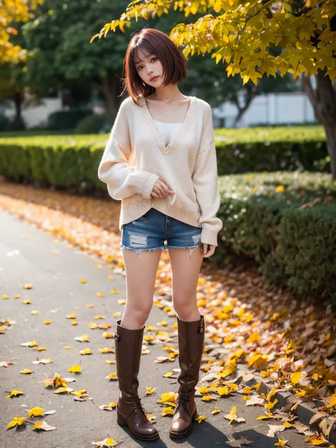 Highest quality, masterpiece, Attention to detail, Intricate details, Mysterious Autumn Woman, Red lightweight sweater、Chestnut-colored hair、Beautiful hair、Model-like style、Model-like pose、impressive chest、jewelry、Full Body Shot、Lots of red and yellow autu...