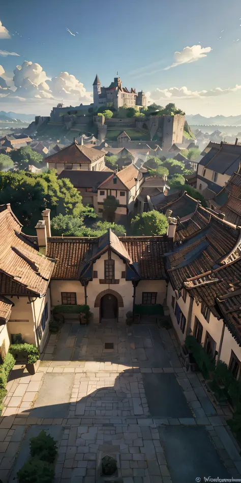 4k, realistic, very detailed, wide angle lens, moist medieval town, vibrant, fantastical plants, a big house, makoto shinkai sty...