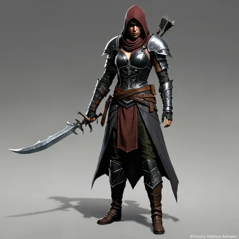 level 6 human assassin rogue, chaotic good, equipped with: two daggers, a short sword and a quiver of arrows.