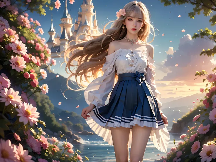 (High quality details), Young women, Elegant posture, Short skirt, Caress the skirt, Bare shoulders, Natural posture, Soft expression, Exquisite makeup, Soft blush, Bright eyes, Soft lips, Flower fairy style, ((Anatomically accurate)), (Real and natural le...