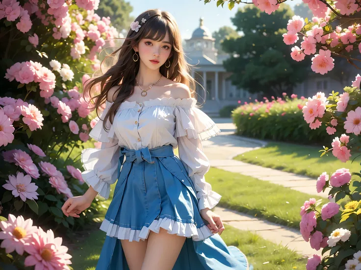 (High quality details), Young women, Elegant posture, Short skirt, Caress the skirt, Bare shoulders, Natural posture, Soft expression, Exquisite makeup, Soft blush, Bright eyes, Soft lips, Flower fairy style, ((Anatomically accurate)), (Real and natural le...