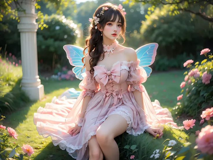 pink dress,pink sleeves, dress bow,layered dress,choker,butterfly wings,hair flower,long dress, (High quality details), 1girl, 独奏, Young women, Elegant posture, (Natural reclining posture), (Focus on natural body posture and correct anatomy:1.3), (Perfect ...