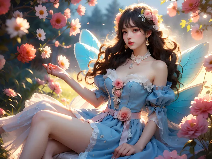blue dress,blue sleeves, dress bow,layered dress,choker,butterfly wings,hair flower,long dress, (High quality details), 1girl, 独奏, Young women, Elegant posture, (Natural reclining posture), (Focus on natural body posture and correct anatomy:1.3), (Perfect ...