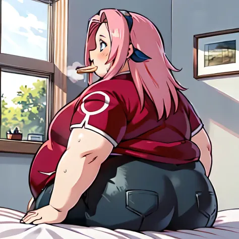 Sakura haruno,pink hair,long hair, Alone, blush, big cheeks, obese girl de 2000 libras., ultra detailed, masterpiece, Best Quality, Fluffy and fat face, big butt, big cheeks, chubby body, sexy, obese girl, happy, cute expression, Very hot, nsfw art, Manhwa...