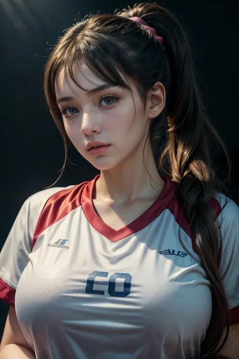 ((a beautiful 1 girl with big breasts wearing a volleyball uniform)),ponytail, bangs, detailed face, beautiful eyes, detailed lips, long eyelashes, realistic, detailed, photorealistic, 8k, masterpiece, vibrant colors, dramatic lighting,soft lighting, elega...