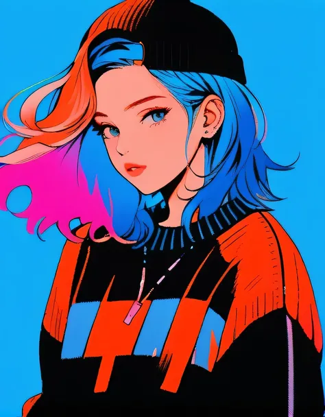 illustrator, anime , realistic ,sketch , 1 girl, ,lip, sweater,order, Blue gradient background, neon hair,Textured trim, Canadian, (masterpiece,Best quality) ganyou