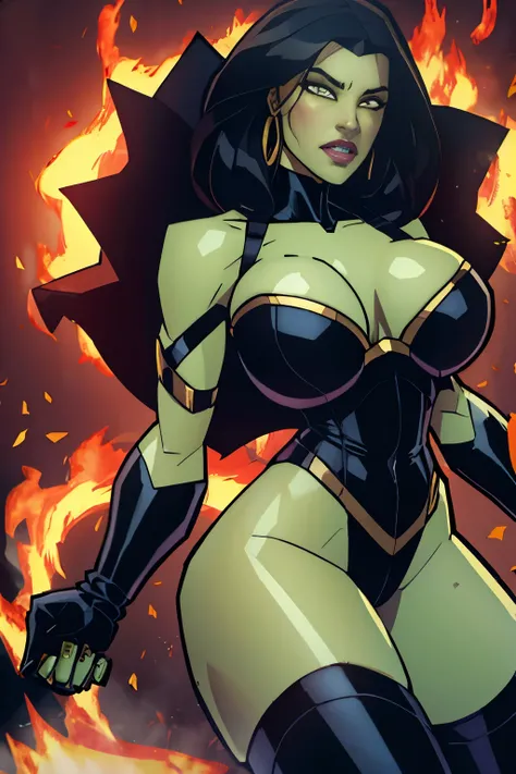 A gorgeous Latina mutant with short black hair, (green scaly skin, golden eyes), huge breasts, thick thighs and wide hips, wearing a (black and orange leotard, thigh-high boots, long gloves).  Fire powers.