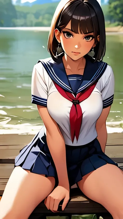 Front view, sitting on the river bank, high school girl with beautiful eyes and cute lips, short black hair, sailor uniform, navy blue pleated skirt, surprised expression, legs spread in M-shape