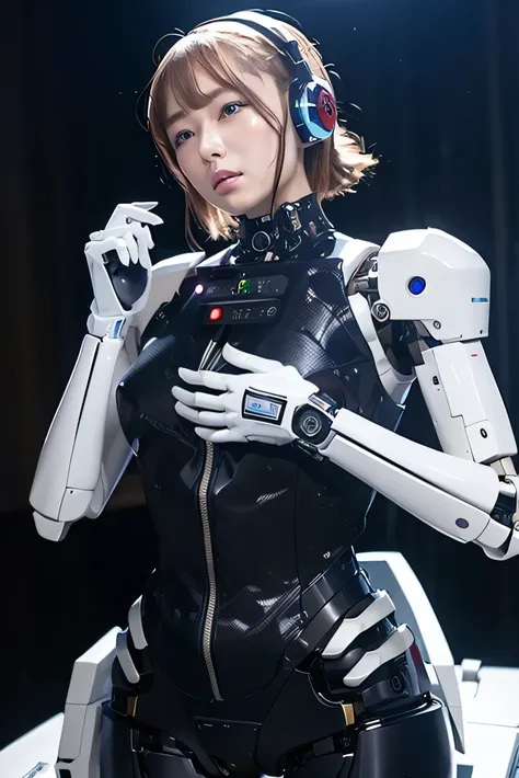 masterpiece, best quality, extremely detailed, Japaese android girl,Plump ,control panels,android,Droid,Mechanical Hand, Robot arms and legs,Blunt bangs,perfect robot girl,white robot body,mechanical neck,long tube,thick cable connected her neck,android,ro...