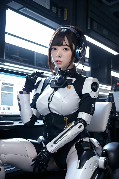 masterpiece, best quality, extremely detailed, Japaese android girl,Plump ,control panels,android,Droid,Mechanical Hand, Robot arms and legs,Blunt bangs,perfect robot girl,white robot body,mechanical neck,long tube,thick cable connected her neck,android,ro...