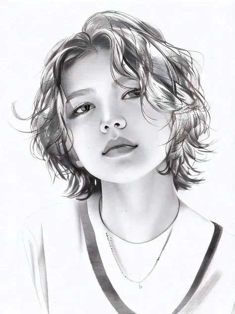 (young asia girl, short hair, beauty model), sketch artstyle, graycale, monochrome, ((solo))