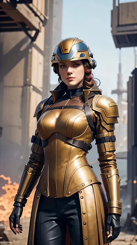 A woman stands in front of a group of robots, Portrait of a steampunk woman, synthesis, Beautiful android woman, Stormy epic war scenes, Inspired by Richard Avedon, Black Dieselpunk Female Soldier, Redhead woman, Girl in cybersuit, Complex fashion clothing...