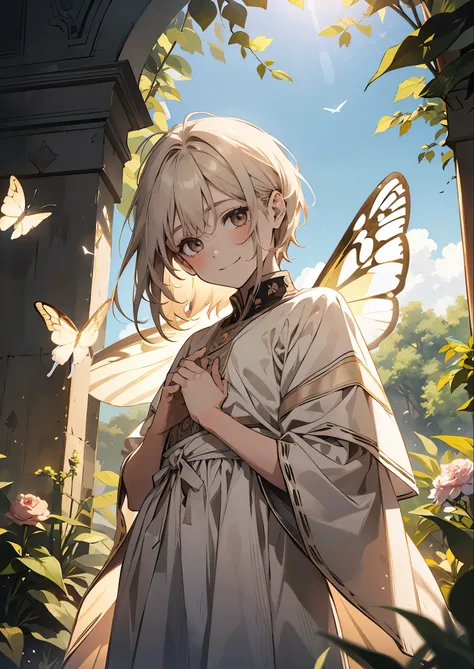 1 male,Shy smile,rosy cheeks,Lower your head,Many white butterfly wings flying around,A butterfly rests on the hand,The camera is from top to bottom,background of plants,A world of dreams,Girl's Heart