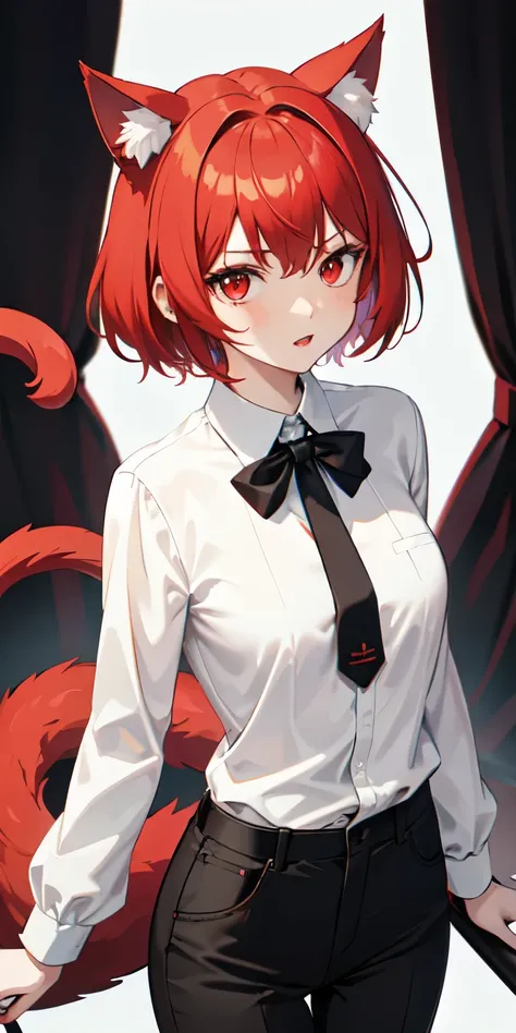 girl,red hair,Short wolf cut,red eyes,Wear white clothes,Black tie,long-sleeved shirt,black pants,There are red cat ears.,Anime