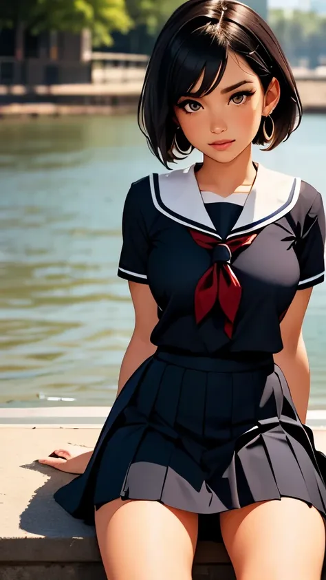 front view, sitting on the river bank, high school girl with beautiful eyes and cute lips, short black hair, sailor uniform, nav...