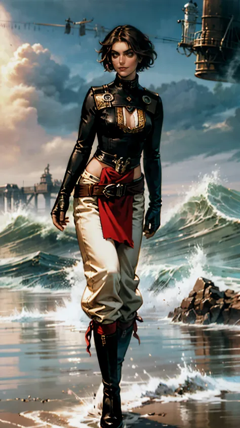 (masterpiece:1.2, best quality:1.2, extremely delicate:1.2), ((Alexandra Daddario:1.2)), a women with short gray hair, Wearing a brown headband, deep-set eyes, a determined expression, a smiling face, a tall stature, a two-piece fantasy pirate-style leathe...