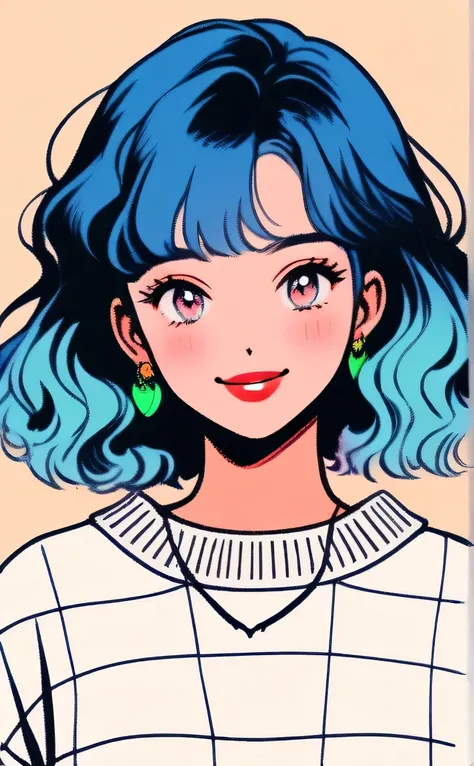 (Highest quality, sketch:1.2),Realistic,Illustrator,アニメ,1 girl, Detailed lips, sweater, custom, Blue gradient background, Neon Hair, Blue Hair, Medium Wavy Hair, Blunt bangs, Friendly, Cute Smile, A kind smile, Texture Cropping, masterpiece, Style: Retro C...