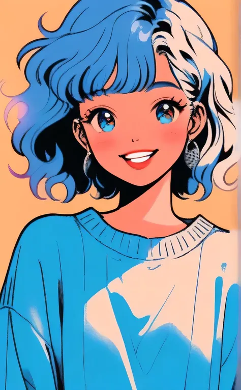 (Highest quality, sketch:1.2),Realistic,Illustrator,アニメ,1 girl, Detailed lips, sweater, custom, Blue gradient background, Neon Hair, Blue Hair, Medium Wavy Hair, Blunt bangs, Friendly, Cute Smile, A kind smile, Texture Cropping, masterpiece, Style: Retro C...