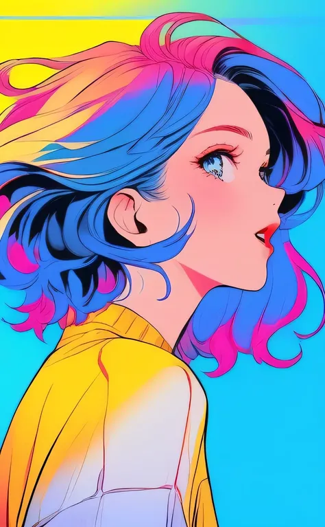 Illustrator, Anime , Realistic ,sketch , 1girl in, ,lip, order, Blue gradient background, Neon Hair,textured crop, Canadian, (masutepiece,Best Quality)