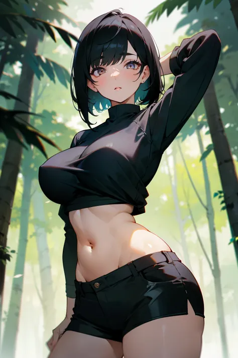 Girl, short black hair, white eyes, big breasts, exposed belly, shorts, in forest at night in background 