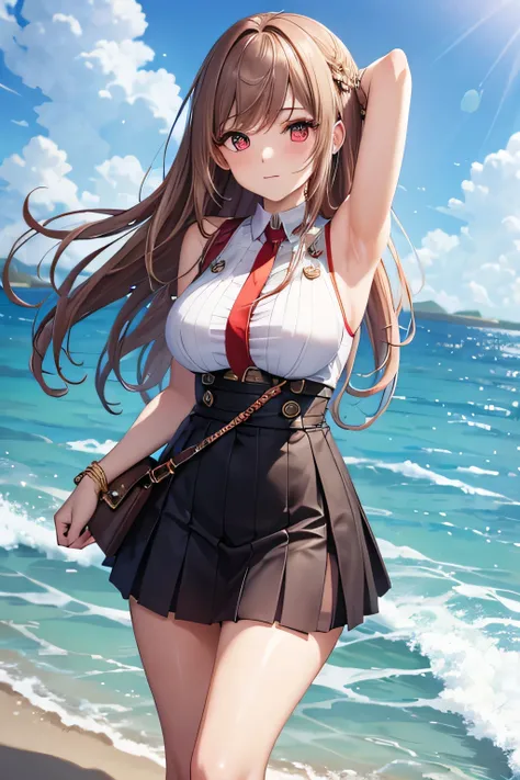 game , The goddess of victory nods, Tidy , light brown hair,  fascinating eyes ,beautiful face , Crystal Red Eyes ,  long hair , Top with Korean-style pleated decoration that spreads from the shoulders , blue , divided,White solid rib knit pencil skirt ,Se...