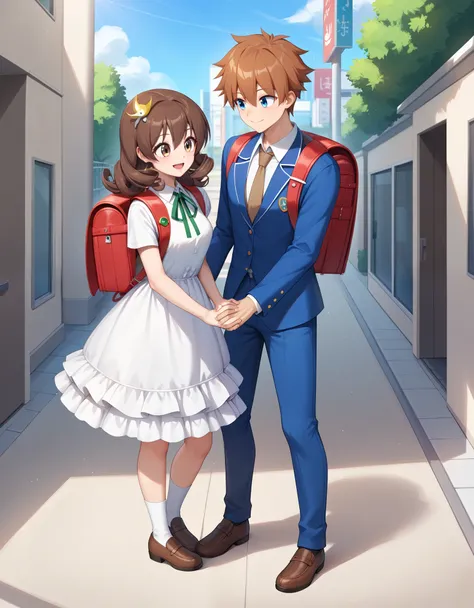 masterpiece, best quality, realistic, 2others, couple, 1man with 1woman, Height difference, happy, love, smile, ((1 boy, highschool boy, brown hair, brown eyes,  white collared shirt, neck tie,blue trousers, wearing brown shoes)), ((1 girl, highschool girl...