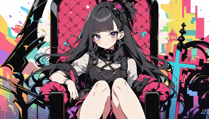 girl1、Black Hair、Black Feather、Gothic Punk、sit on a chair, cross ones legs、Throne、tears,anime witch design, street wear design, pro vector, full design, 6 colors only, solid colors, no shadows, full design, bright colors, white background.super fine illust...