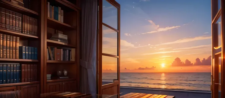 A view of the sea in the evening with a great sunset .. and books everywhere
