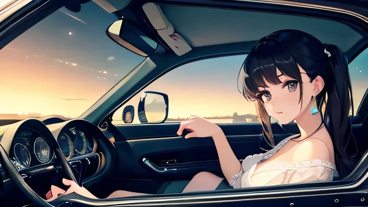 Interior of an old sports car、A woman is driving、Earrings、The background is a beautiful night view of the highway.、