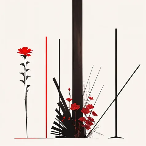 there is a red flower on a black arrow with a red flower, single long stick, iv pole, tall thin frame, chrome dance pole, wooden staff, straight dark outline, by Barnett Newman, very elongated lines, long trunk holding a wand, black vertical slatted timber...