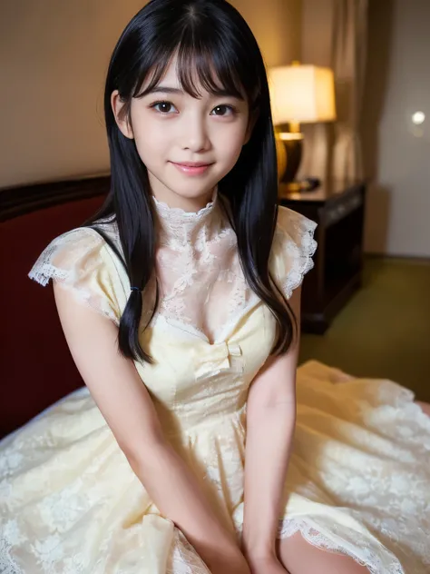 (Best-quality, Masterpiece, Ultra-High-Resolution, (Photorealistic:1.4), Raw Photo, depth of field, professional lighting, perfect anatomy, extremely details), (1girl, 15-years-old, the most famous Japanese idol in Japan, in hotel room), (((wearing The Cut...