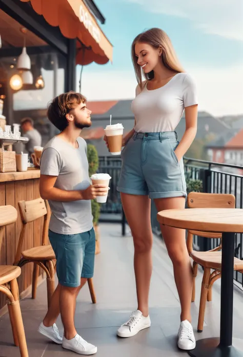 Giant young girl is standing next to table on the terrace of the cafe and drinking coffie with short guy