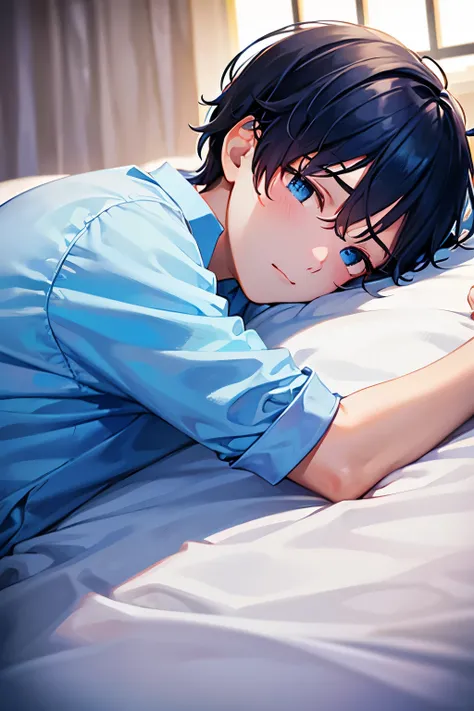 a boy lying face down in a bedroom, wearing a white long sleeve shirt and blue underwear, from the side view,