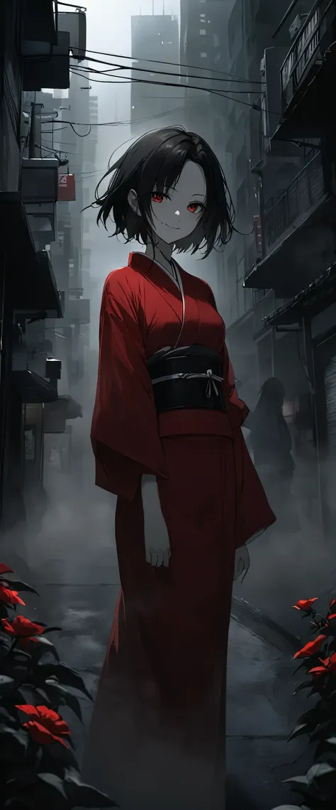 red silk kimono。beautiful in the fog,walking in the fog。black belt。smile。black short hair。forehead, beautiful red eyes。dead skin...