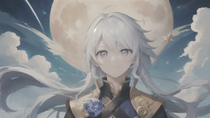 masterpiece, best quality, ultra-detailed, 1 small boy, solo, fantasy, floating in the sky, outdoors, magic, spells, moon, stars, clouds, wind, white hair, beautiful face, bright smile, golden eyes