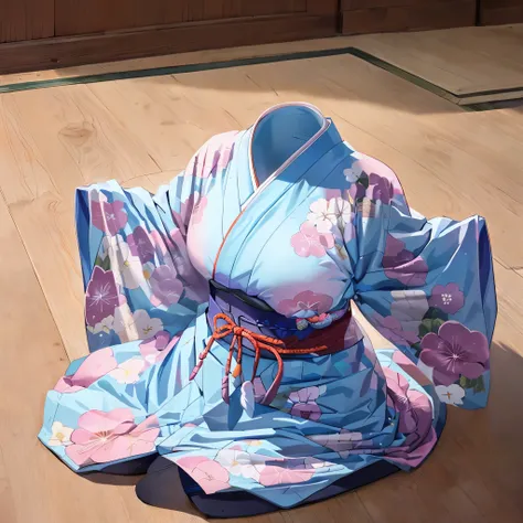 1girl, 15-years-old, (invisible, no humans, headless, faceless:1.5), (cute big breasts), chubby, fat, kimono, leaning forward, from above, on floor, Best-quality, Masterpiece, Ultra-High-Resolution