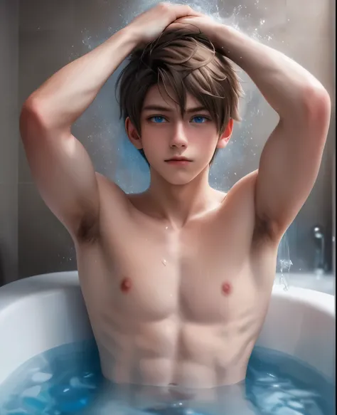 (absurderes, A high resolution, Ultra detailed, hdr), Masterpiece, Best quality, Portrait of a adolescent twink boy, Handsome boy with brilliant blue eyes, Detailed face, Professional photo, The Arafed man went into battle shirtless, Lie comfortably in the...