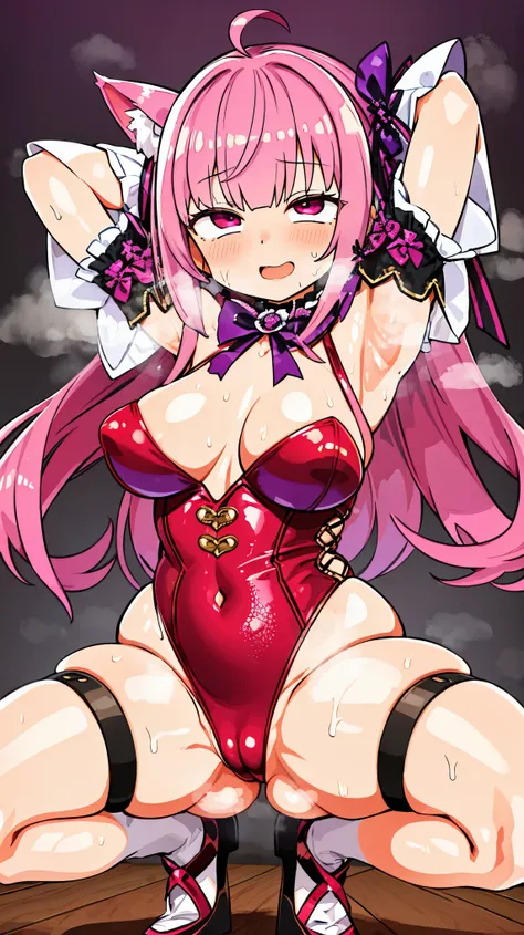 nsfw、Masterpiece、Highest quality、、Highest quality、Very fine、Very delicate、vapor、Sweat、Heat、steam、Long Breasts、Arms behind head、Squat、Pink Hair、Kinky costumes、Animal ears